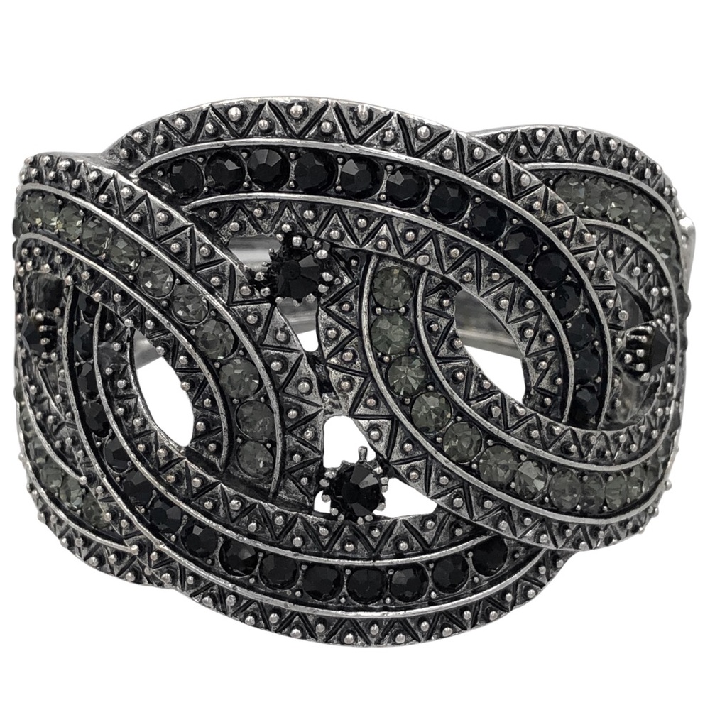 Black Grey Rhinestone Silver Tone Large Chunky Big Hinged Bangle Bracelet